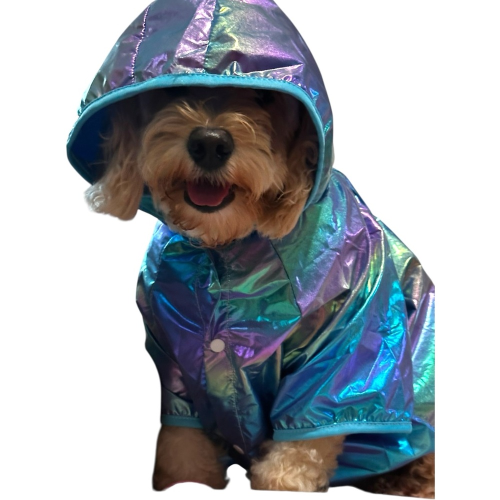 NEW Size XL Dog Raincoat - Blue Iridescent Metallic Rain Jacket w Hood